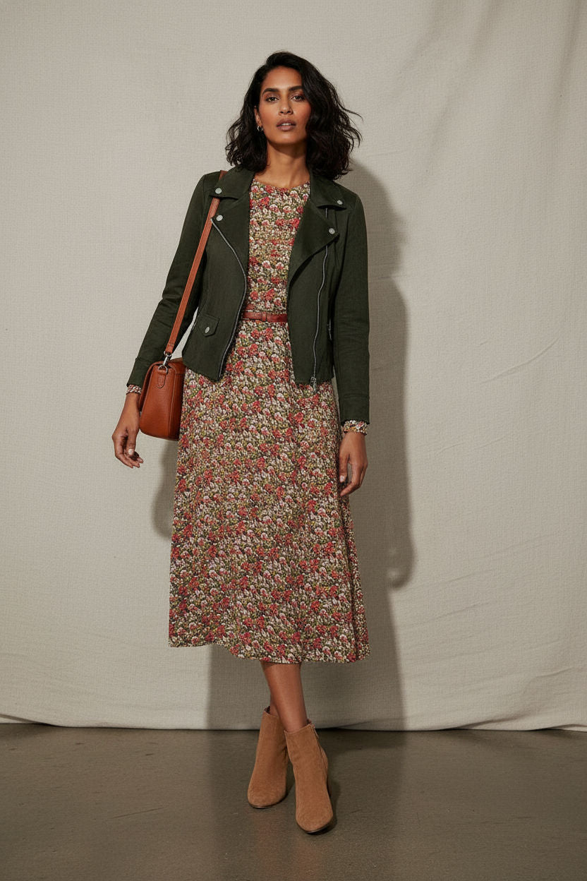 Ely Light Crop Suede Jacket - Dark Green