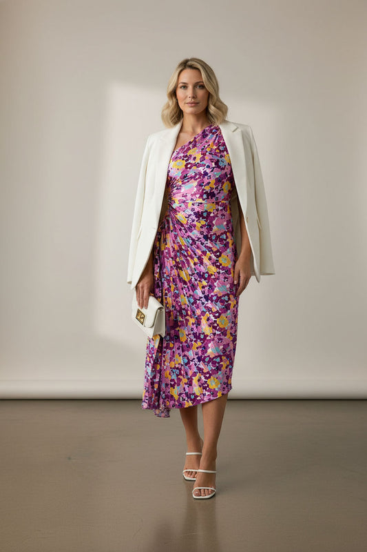 Margaret One Shoulder Draped Floral Dress - Purple and Yellow