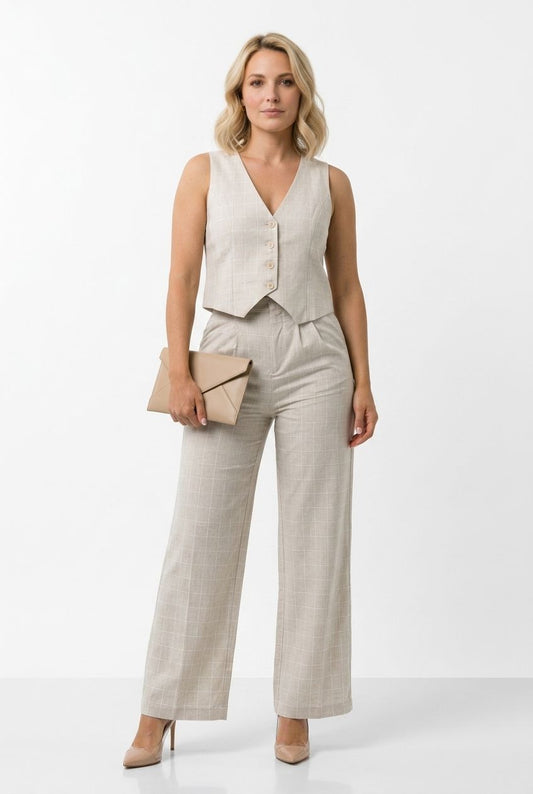 Daisy Tailored Check Wide Leg Trousers - Beige