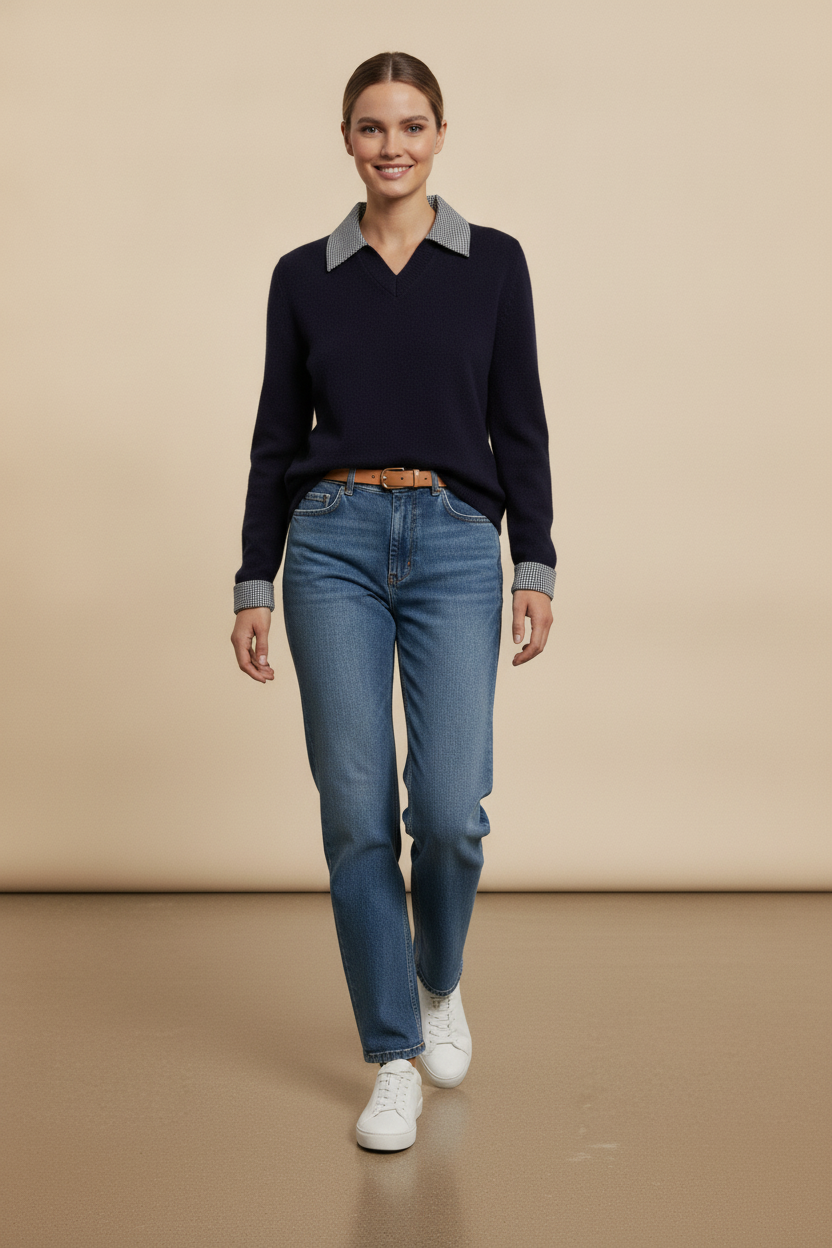 Vivian Check Collar and Cuff Sweater - Navy