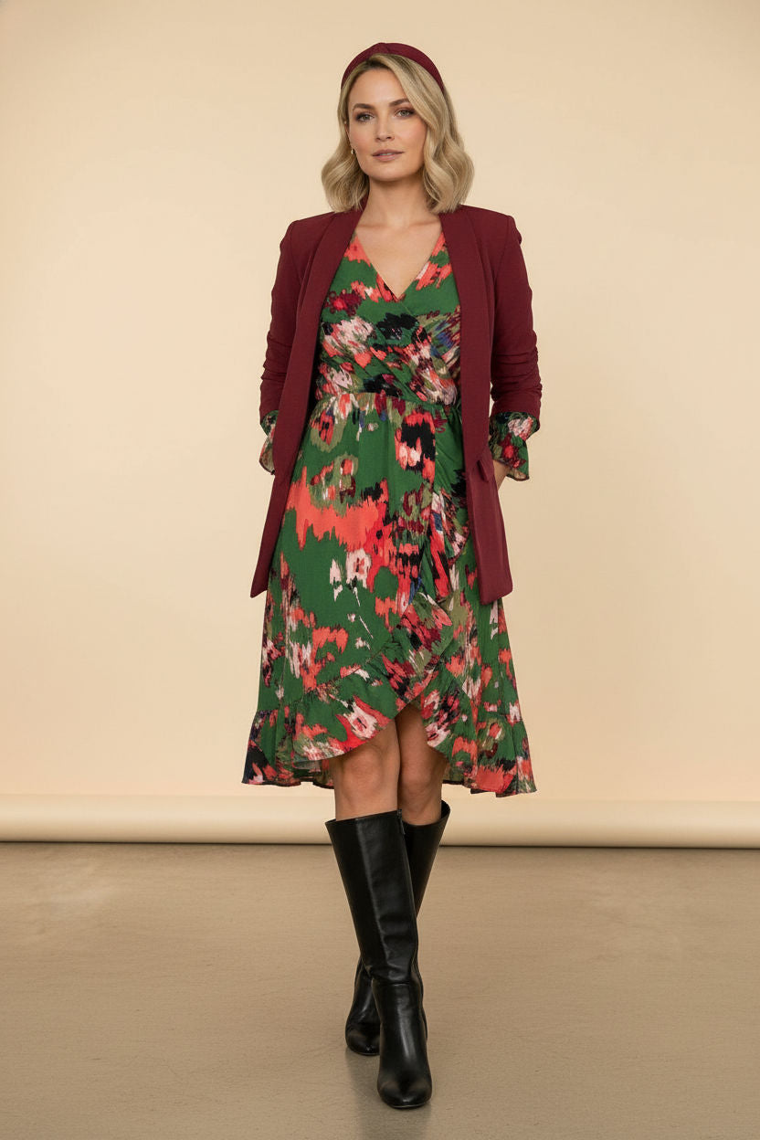 Jane Ruched Sleeve Blazer - Burgundy