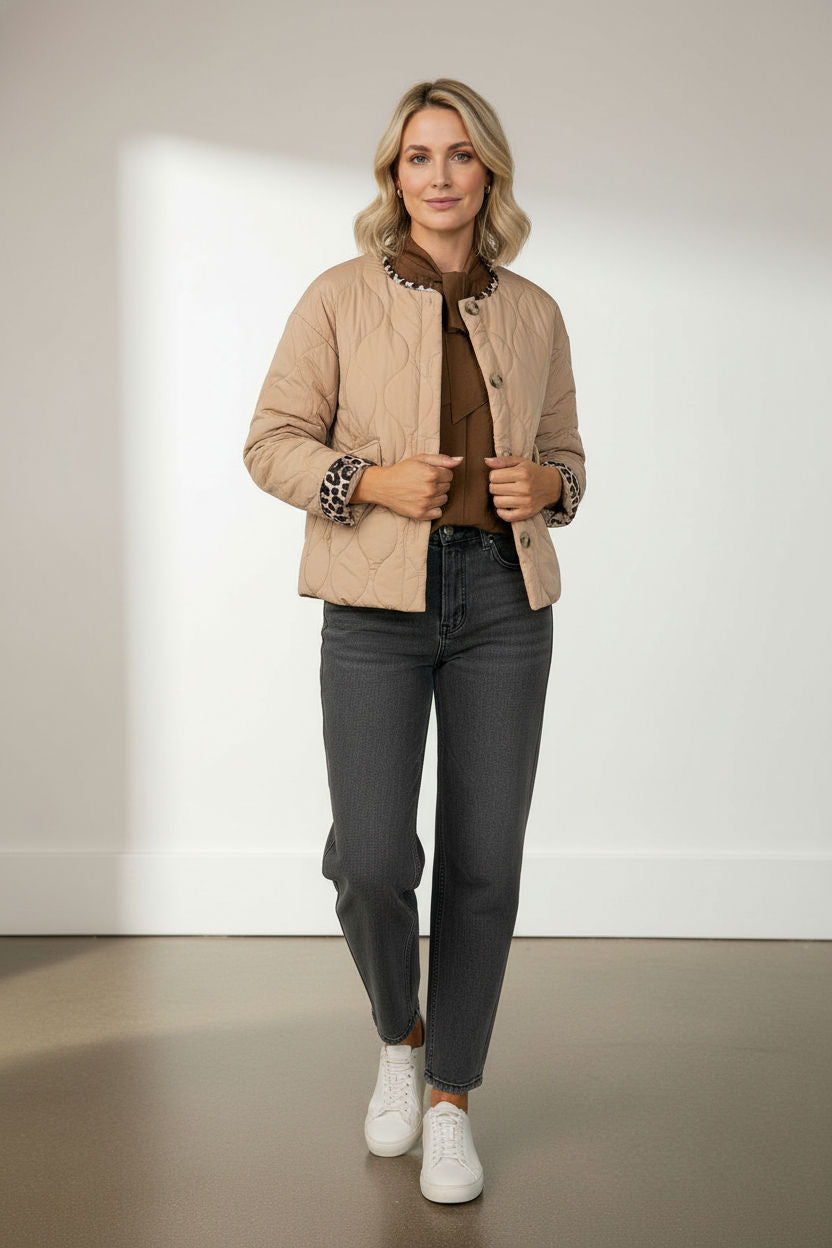 Emily Puffer Jacket with Pockets and Animal Print Details - Beige