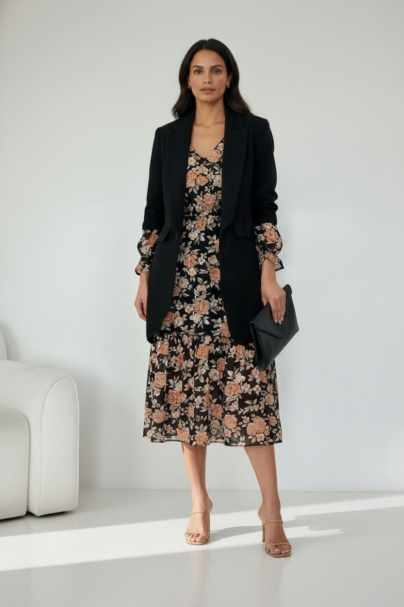 Annie  Longline Blazer with Ruched Sleeves - Black