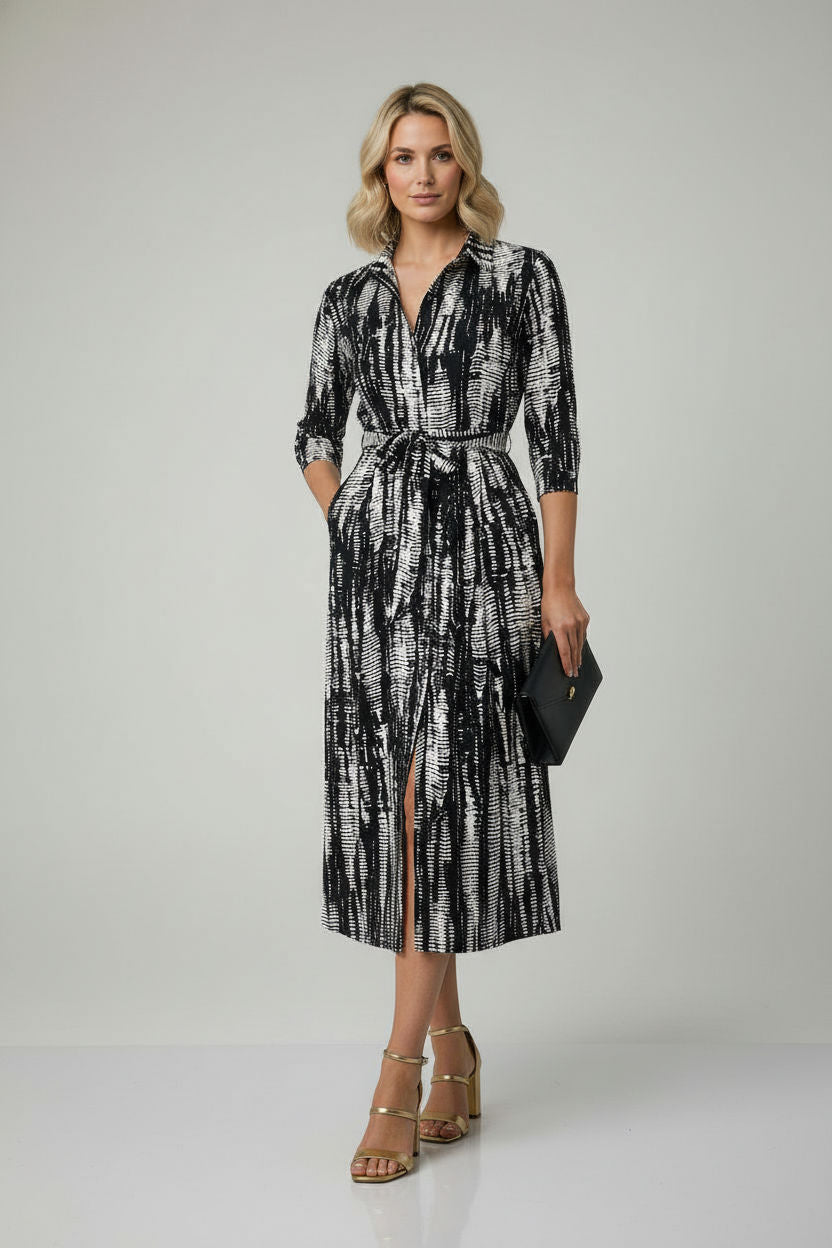 Kelly Maxi Pattern Shirt Dress with Pockets - Black and White