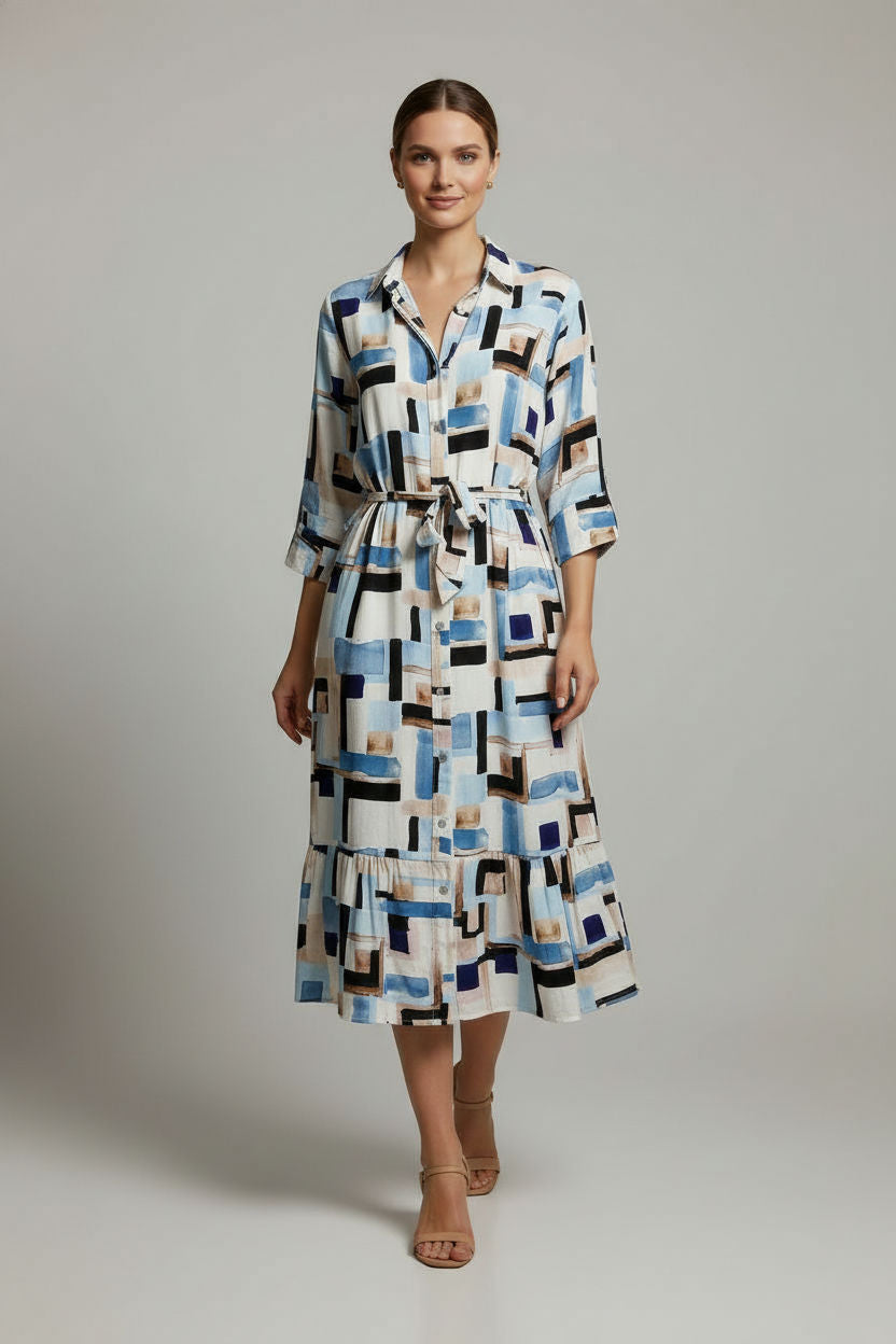 Gail Shirt Style Printed Dress - Blue