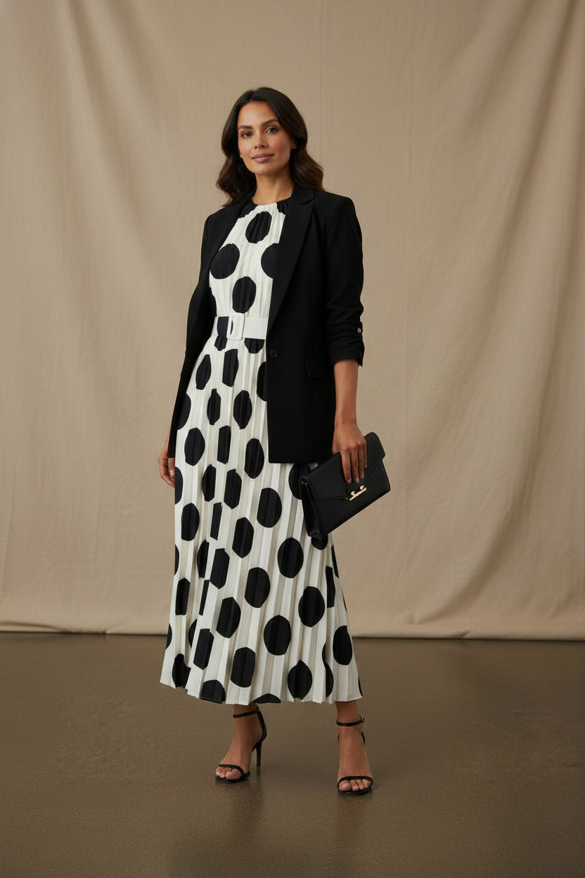 Talia High Neck Polka Dot Pleated Dress - White