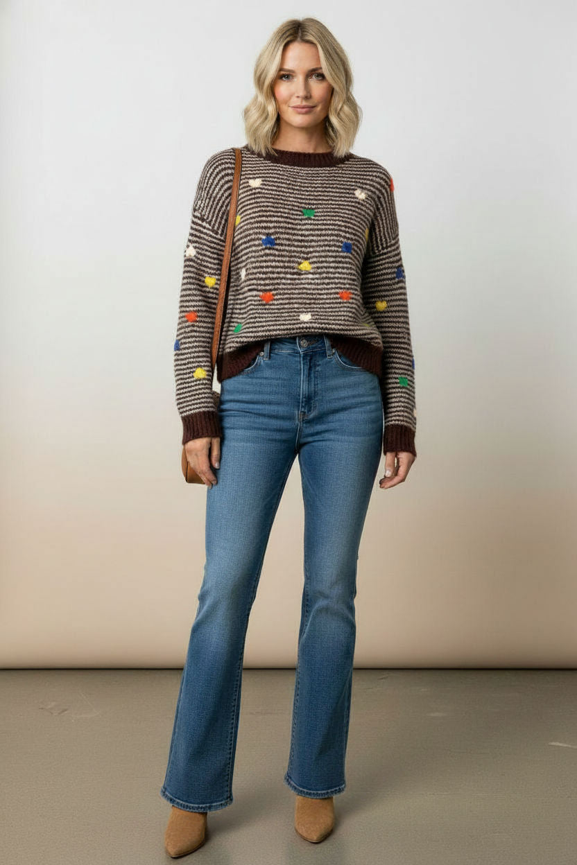 Helen heart print stripped jumper - Brown