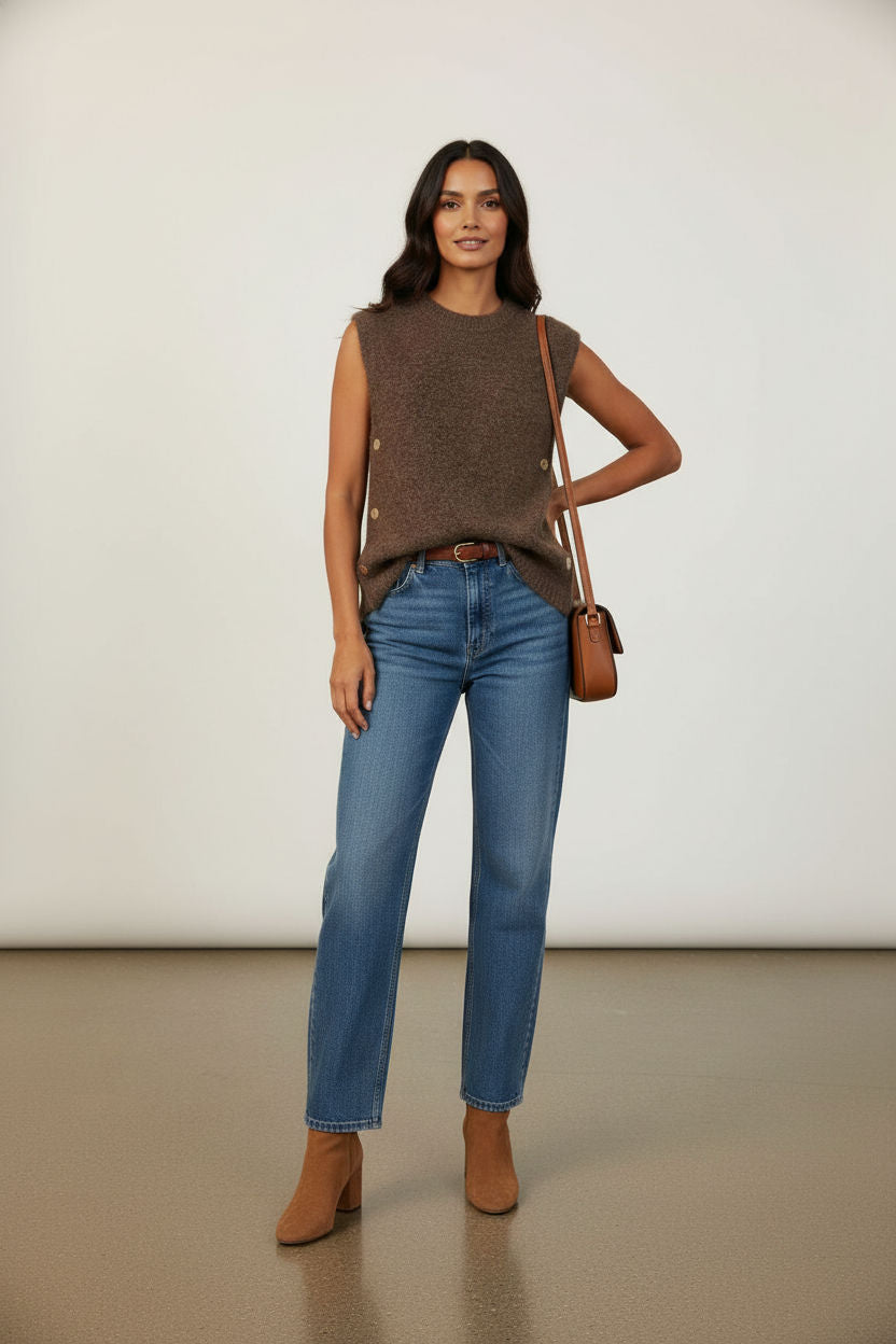 Monica Sleeveless Side Buttons Knit - Brown