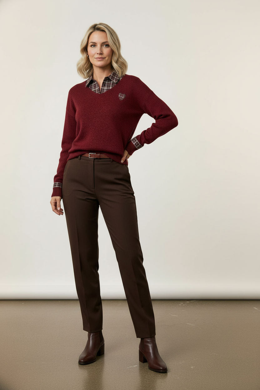Veronica collar jumper with heart print - Burgundy