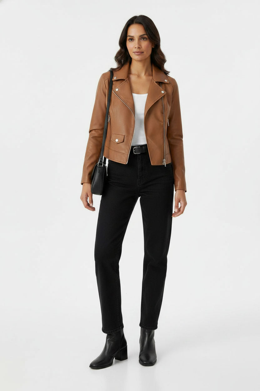 Siobhan Crop Faux Leather Jacket - Brown
