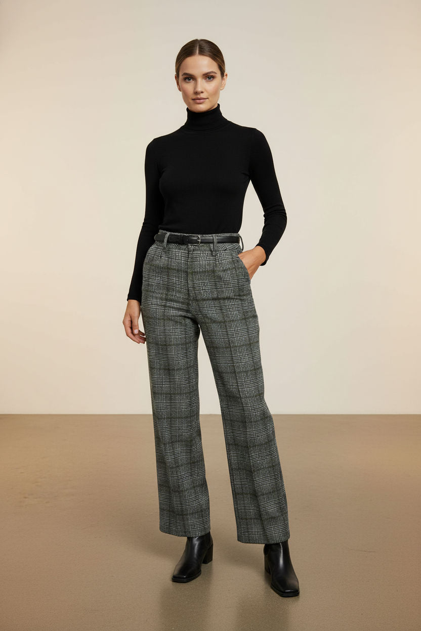 Tailored Check Wool Trousers - Grey