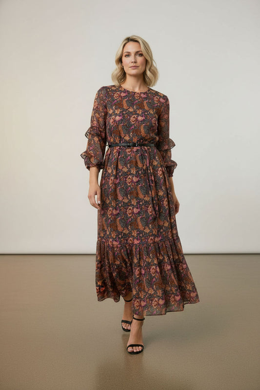 Lucy Ruffle Printed Dress - Black