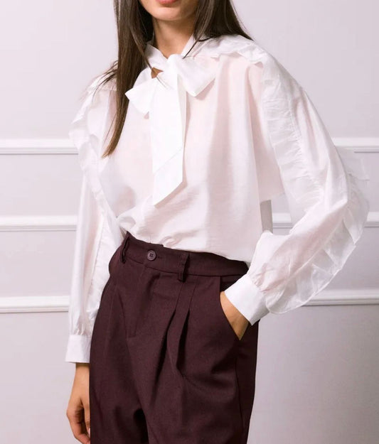 Norah Bowknot Blouse with Ruffle Sleeves - White