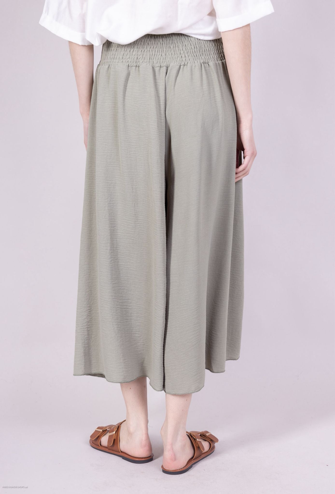 Deborah Wide Leg Capri Pants with Elasticated High Waist - Green