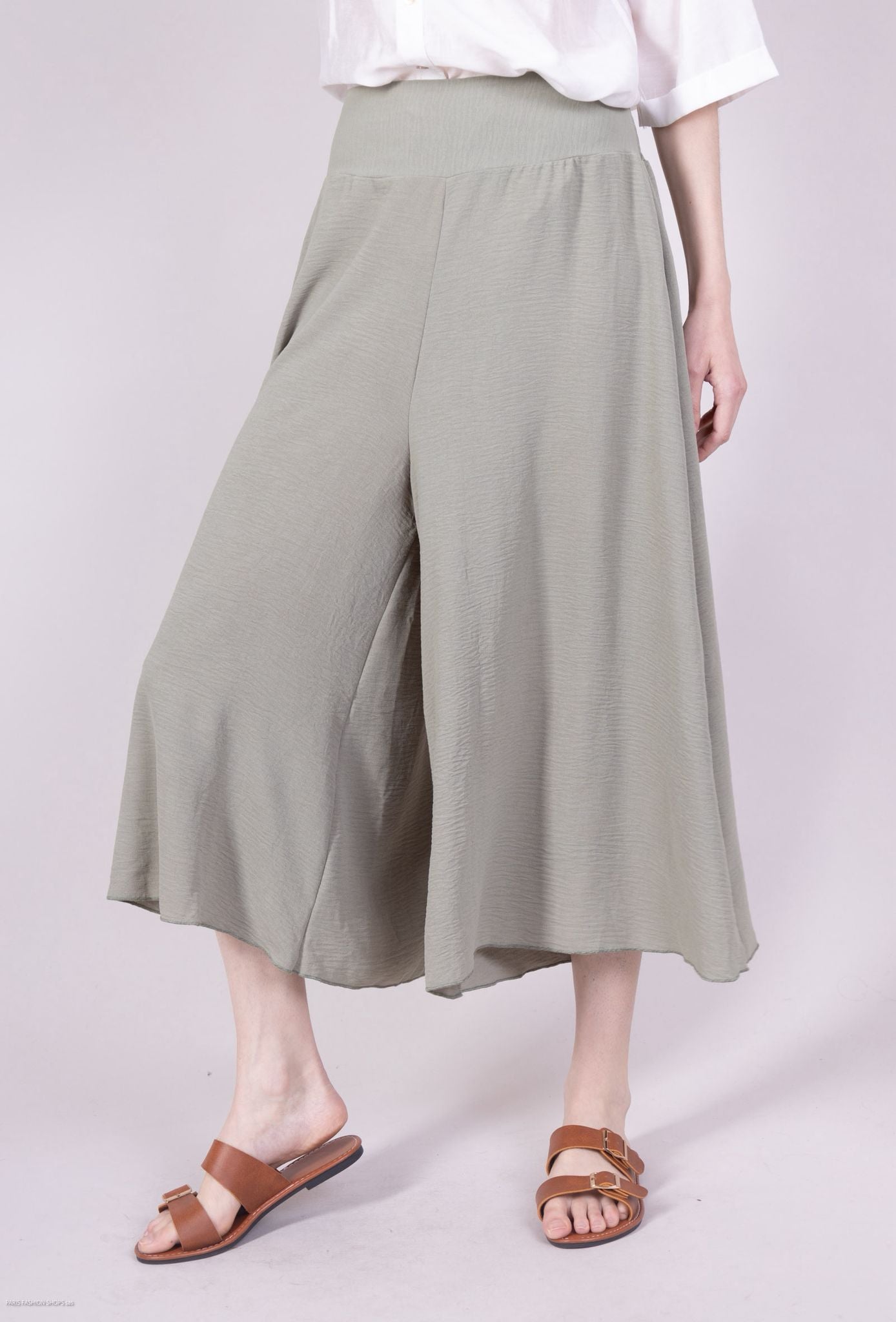 Deborah Wide Leg Capri Pants with Elasticated High Waist - Green