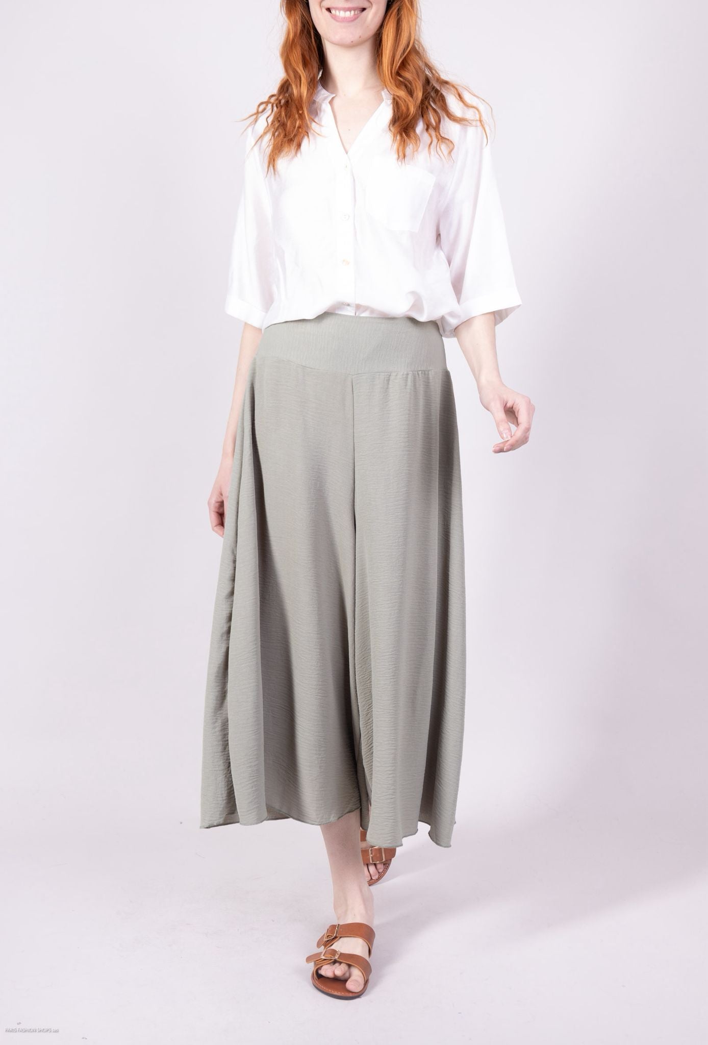 Deborah Wide Leg Capri Pants with Elasticated High Waist - Green