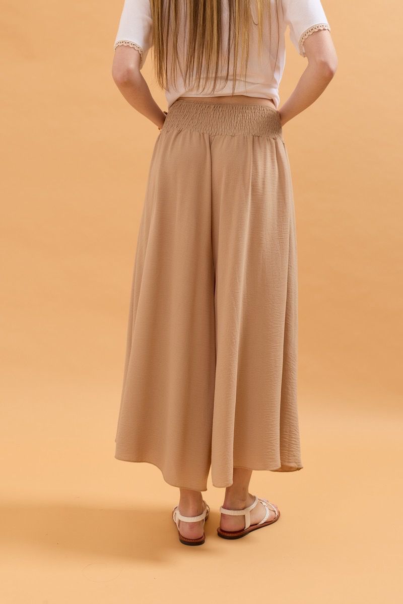 Deborah Wide Leg Capri Pants with Elasticated High Waist - Beige