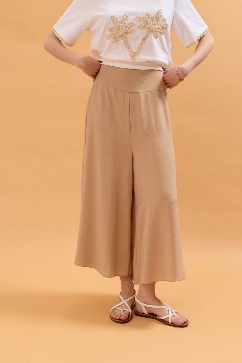 Deborah Wide Leg Capri Pants with Elasticated High Waist - Beige