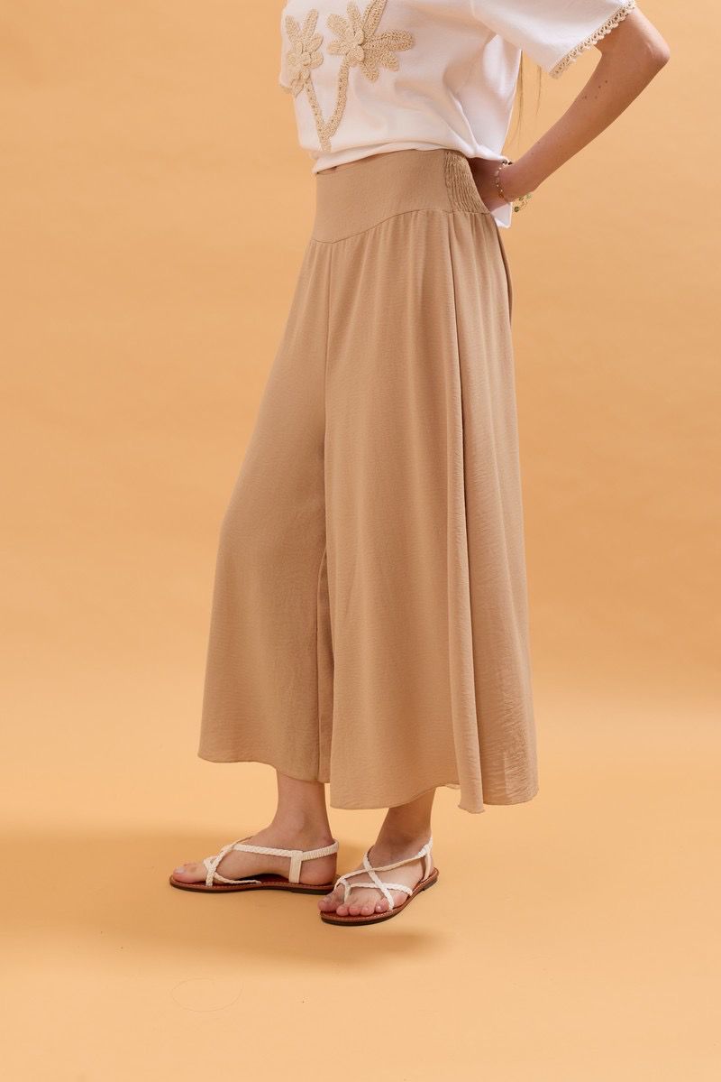 Deborah Wide Leg Capri Pants with Elasticated High Waist - Beige