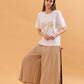 Deborah Wide Leg Capri Pants with Elasticated High Waist - Beige