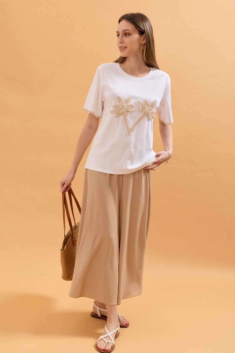 Deborah Wide Leg Capri Pants with Elasticated High Waist - Beige