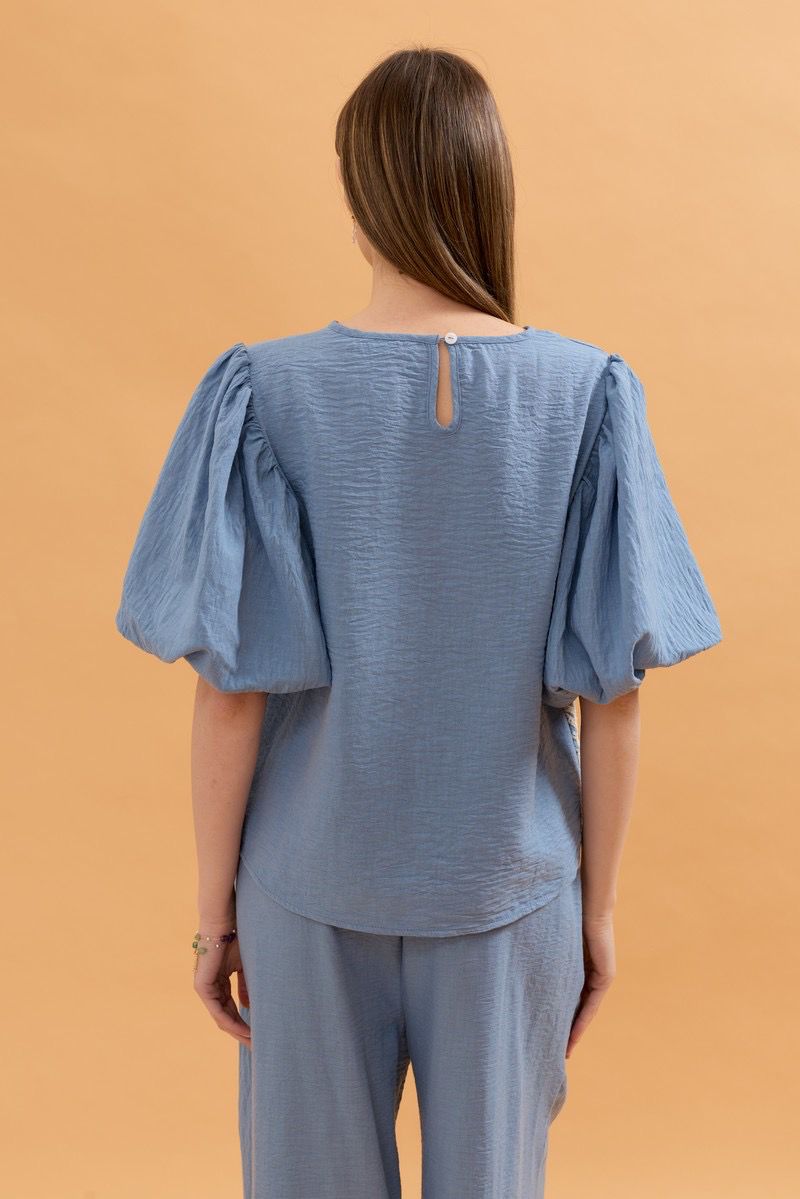 Nadine Balloon Sleeve Linen Top - Blue