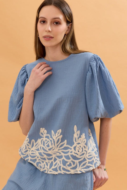 Nadine Balloon Sleeve Linen Top - Blue