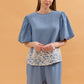 Nadine Balloon Sleeve Linen Top - Blue