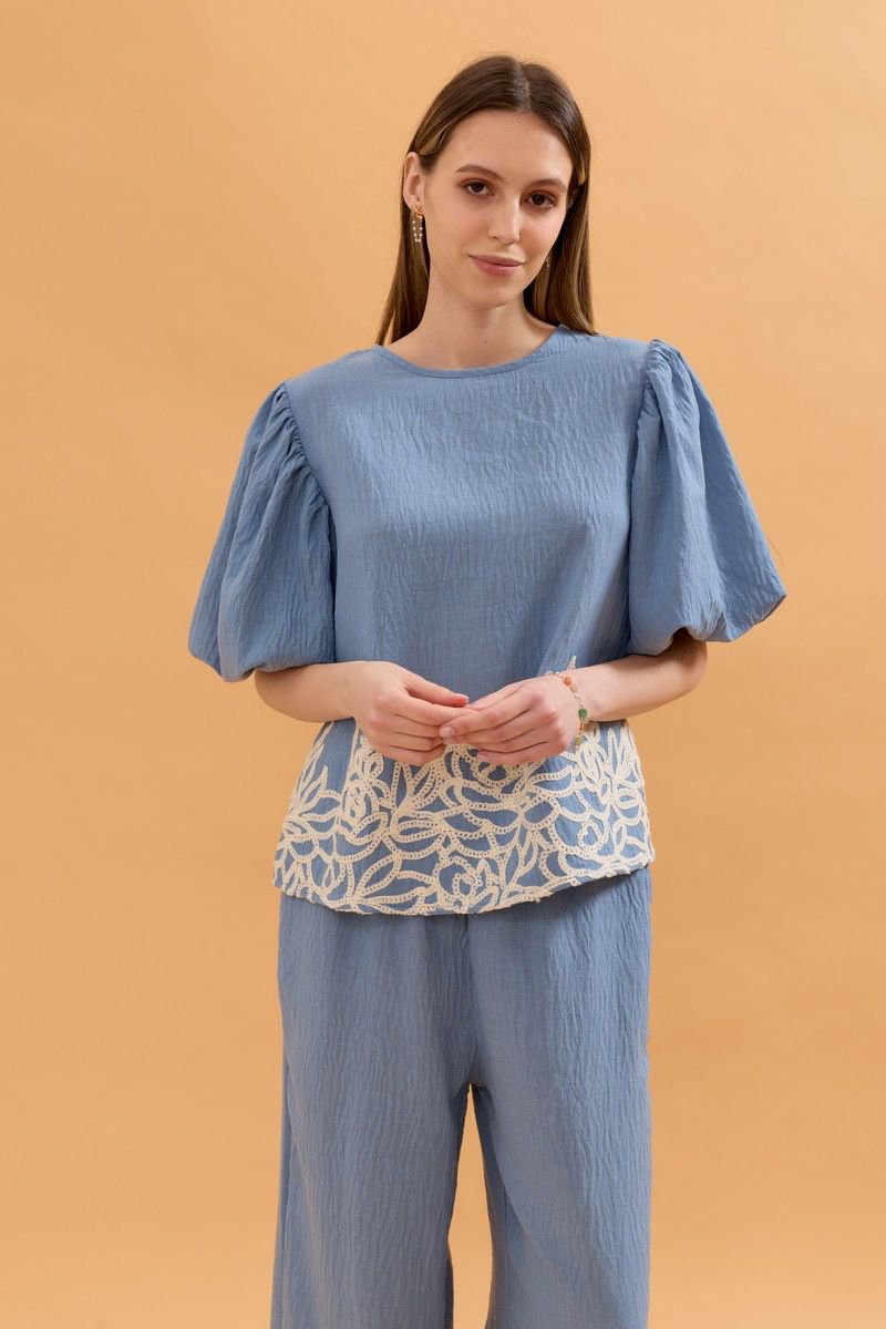 Nadine Balloon Sleeve Linen Top - Blue