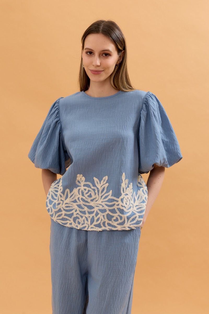 Nadine Balloon Sleeve Linen Top - Blue