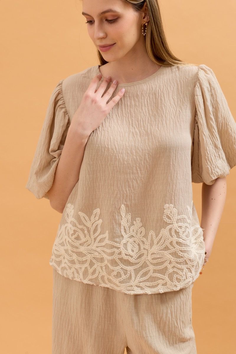 Nadine Balloon Sleeve Linen Top - Beige