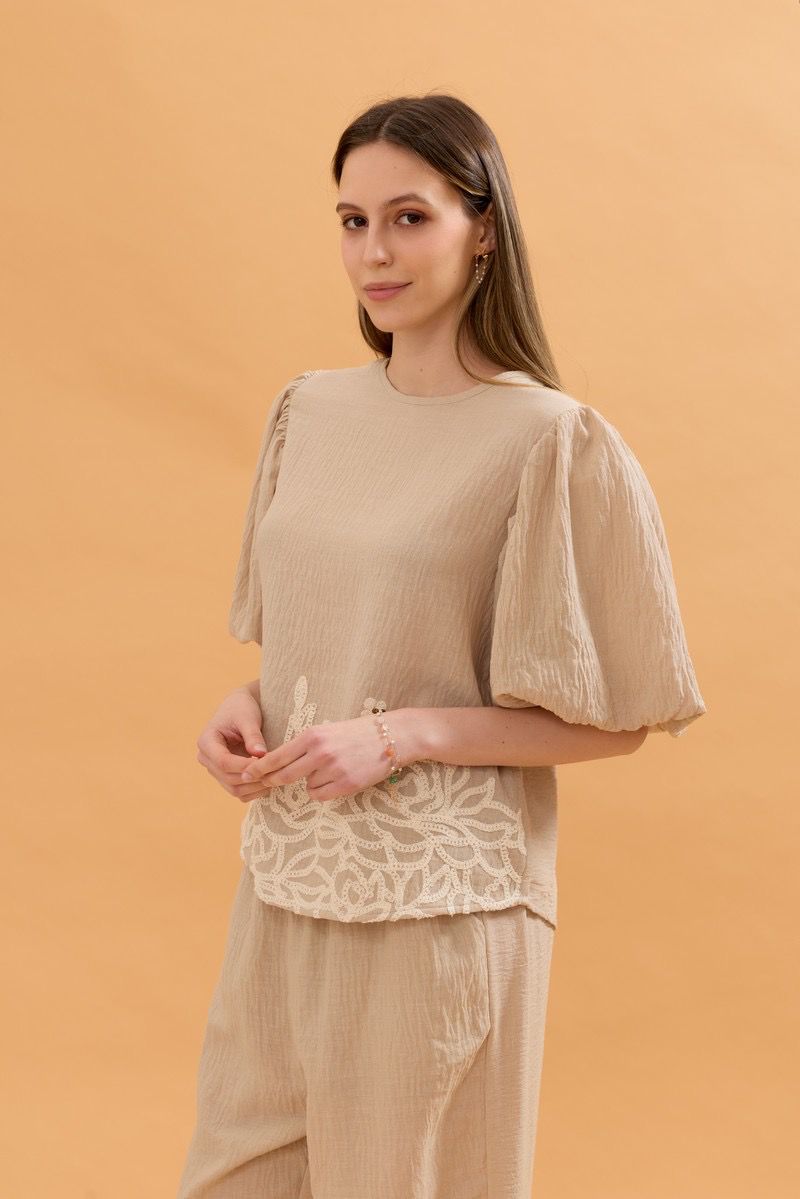 Nadine Balloon Sleeve Linen Top - Beige