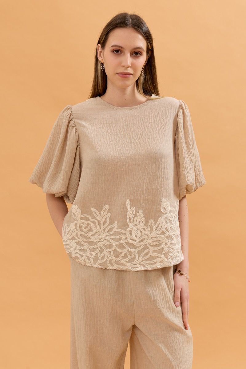 Nadine Balloon Sleeve Linen Top - Beige