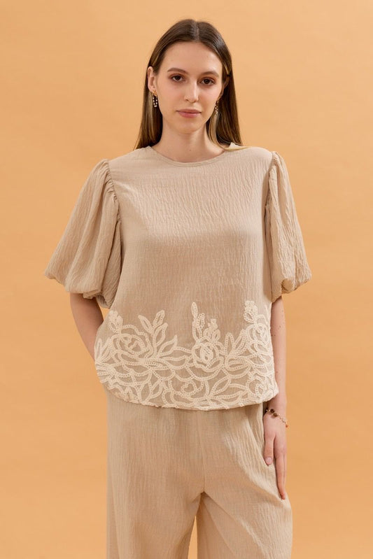 Nadine Balloon Sleeve Linen Top - Beige