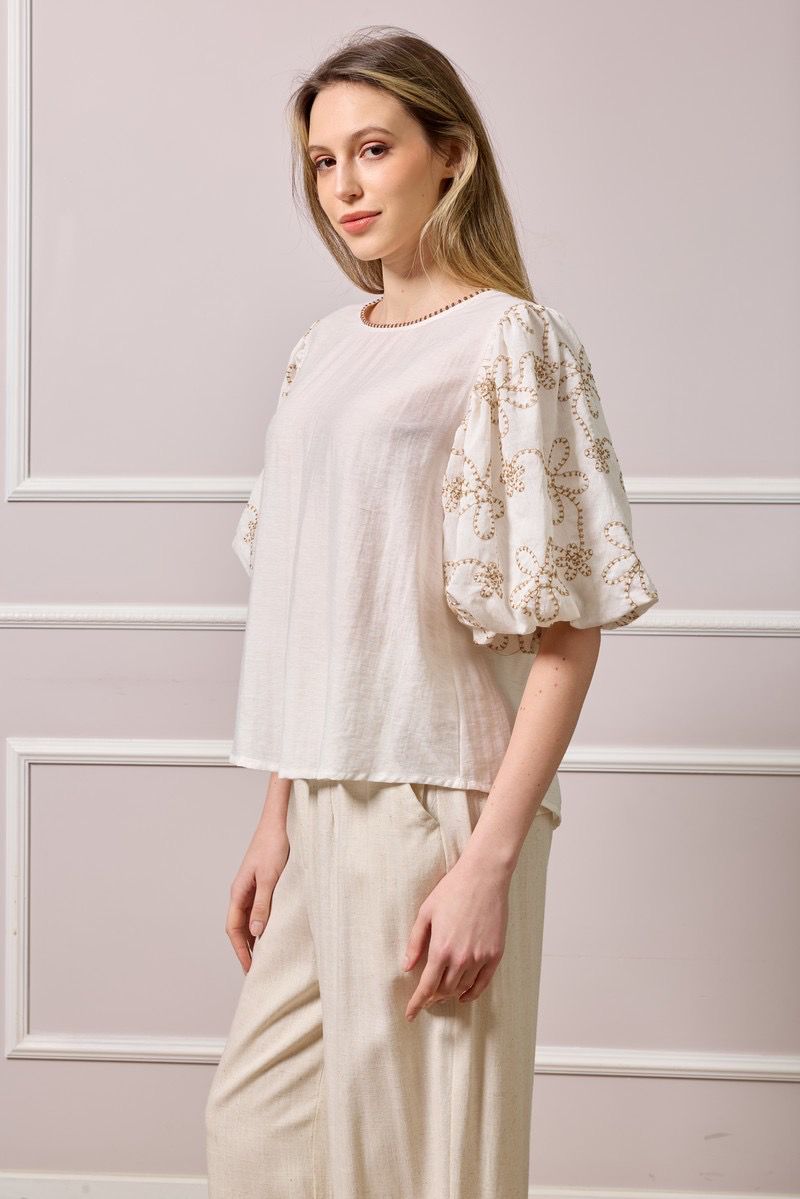 Teresa Balloon Sleeve Linen Top - Beige