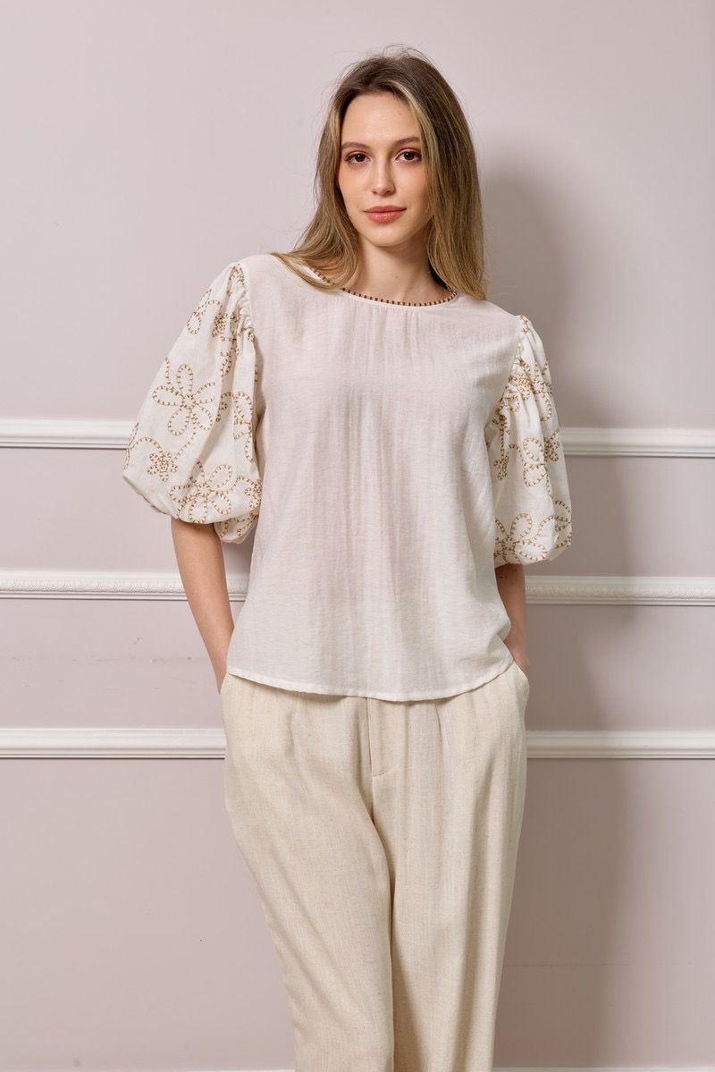 Teresa Balloon Sleeve Linen Top - Beige
