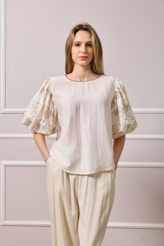Teresa Balloon Sleeve Linen Top - Beige