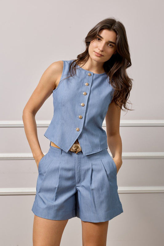Emma Belted Tailored Shorts - Blue