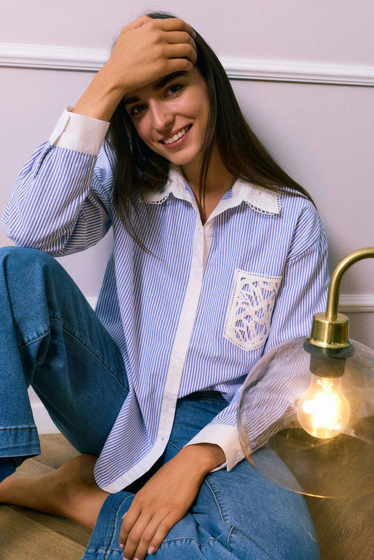Maya Blue Stripped Shirt with White Lace Details