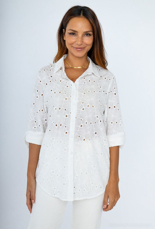 Clara Broderie Button Up Shirt - White