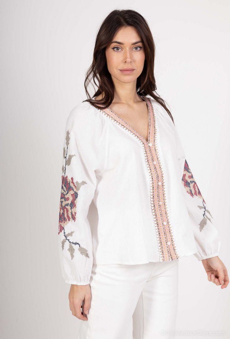 Charlie Embroidered Button Up Blouse - White