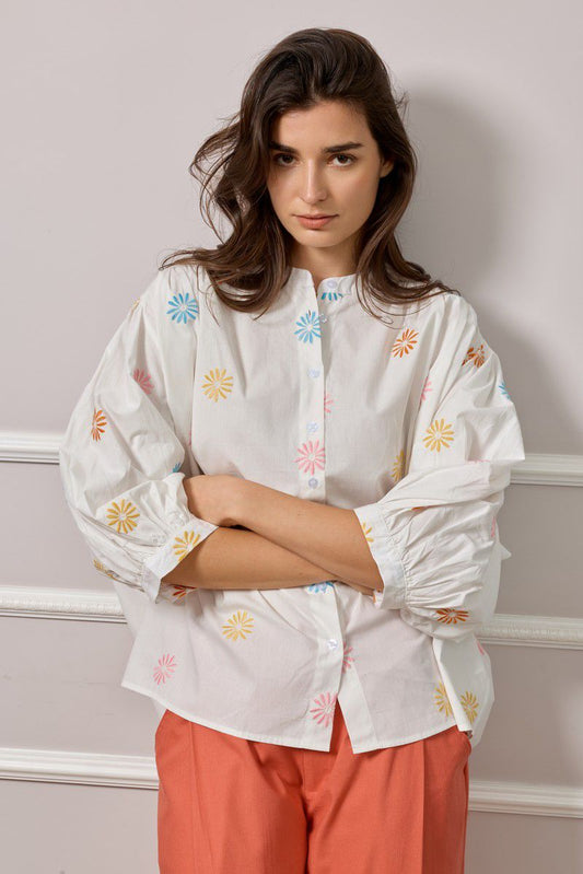 Aurora Embroidered Print Button Up Blouse - White