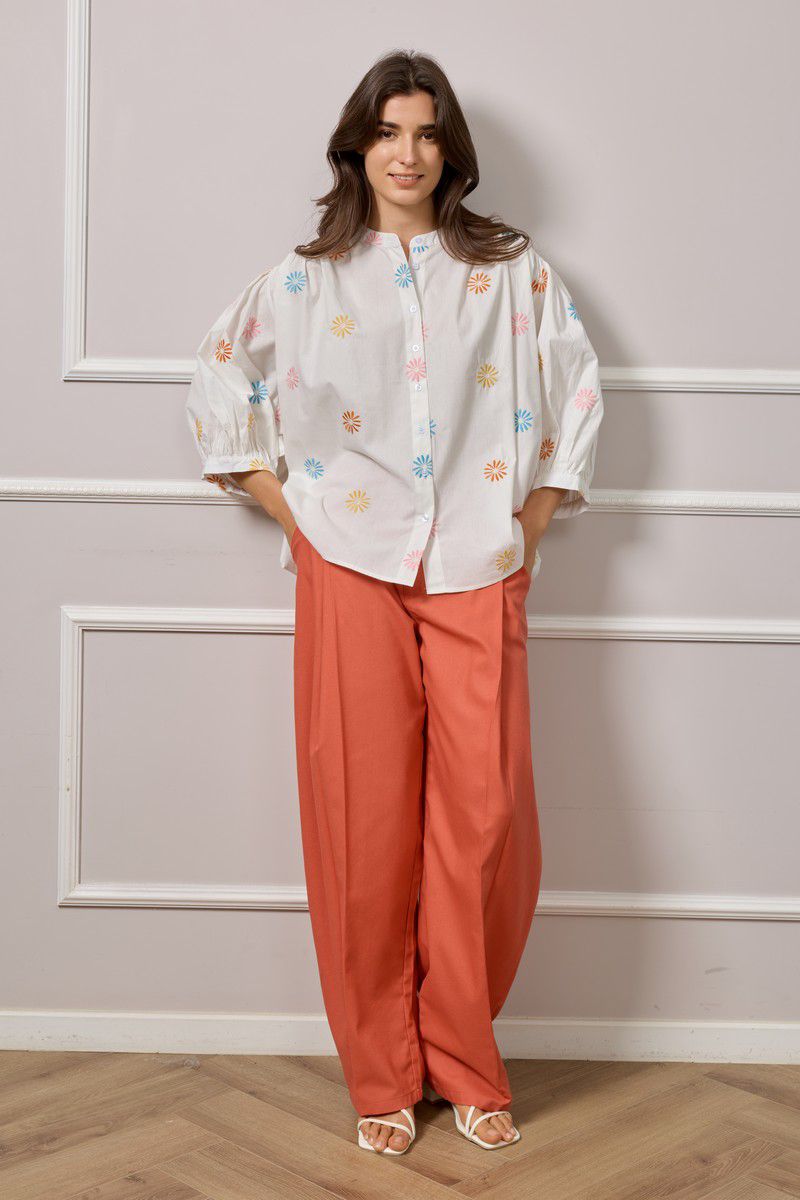 Aurora Embroidered Print Button Up Blouse - White