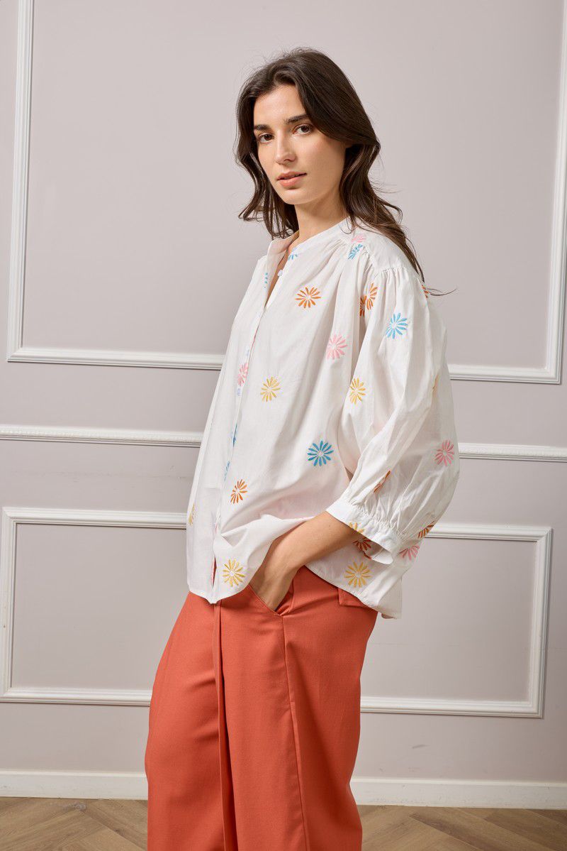 Aurora Embroidered Print Button Up Blouse - White