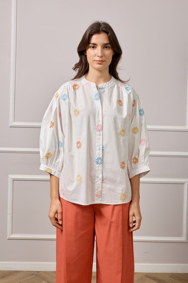 Aurora Embroidered Print Button Up Blouse - White