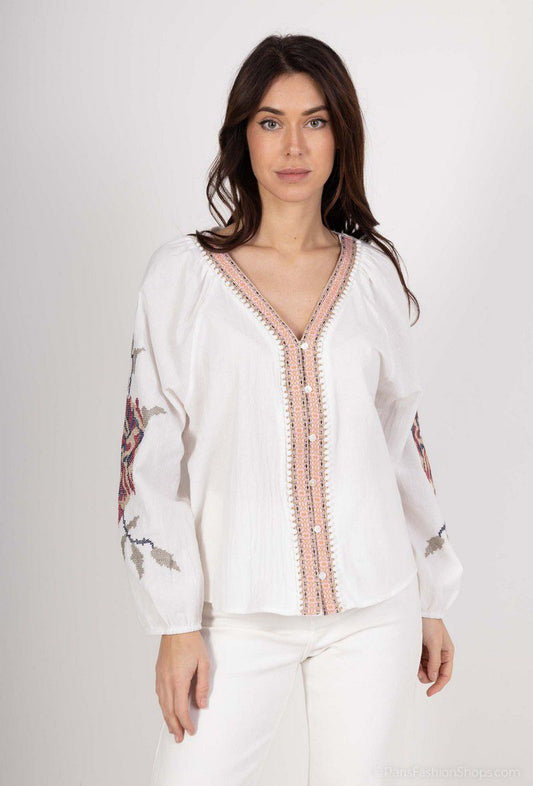 Charlie Embroidered Button Up Blouse - White