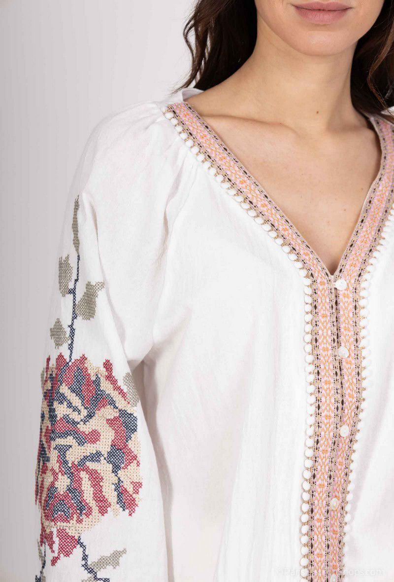 Charlie Embroidered Button Up Blouse - White