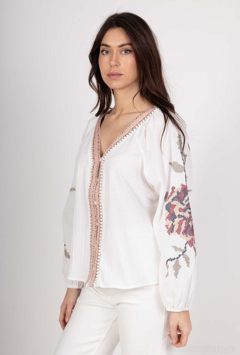 Charlie Embroidered Button Up Blouse - White