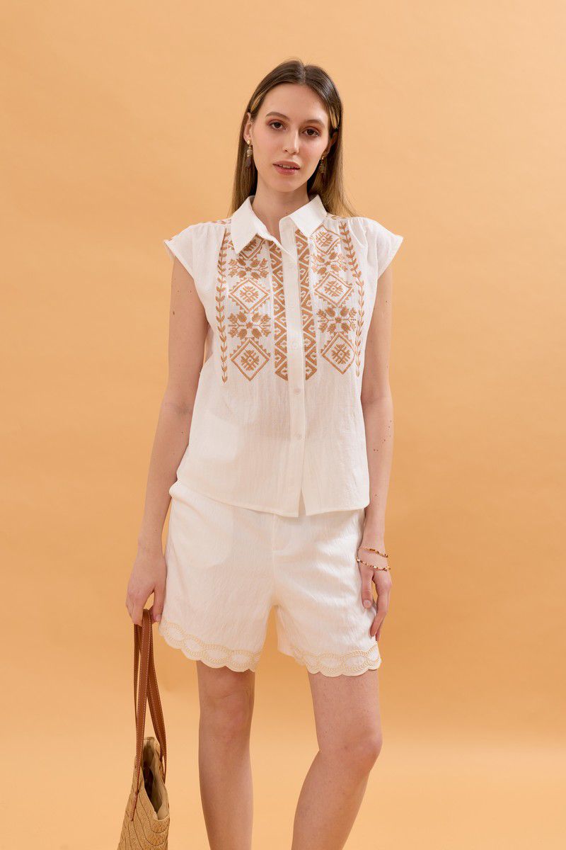 Maya Embroidered Button Up Shirt - Beige