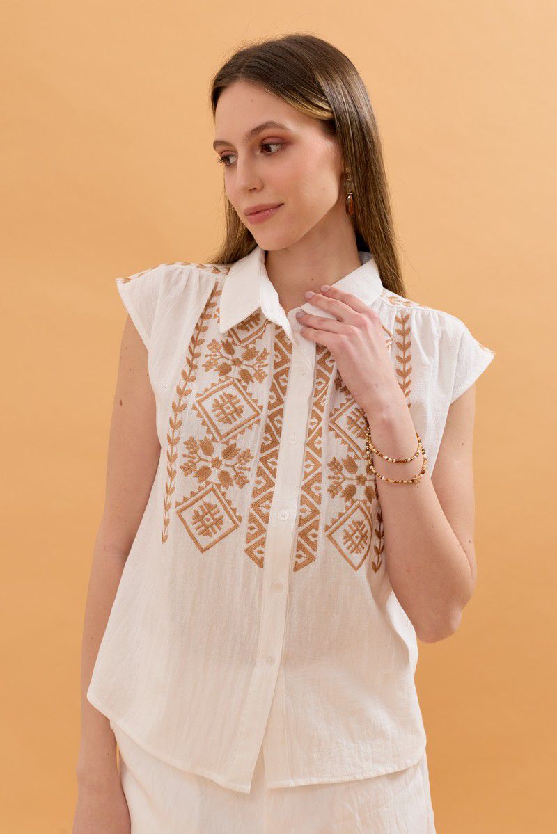 Maya Embroidered Button Up Shirt - Beige